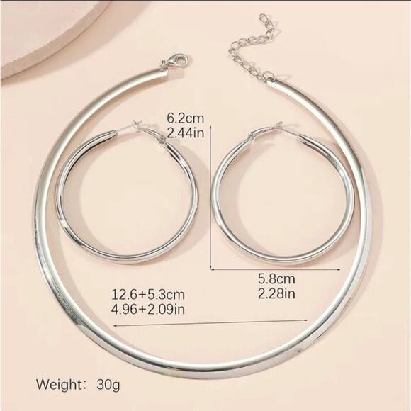 Silver Tube Collar Torques Choker Earrings Hoop Matching Set - Picture 3 of 3